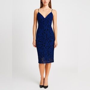 BARDOT ROYAL BLUE AND BLACK LACE SPAGHETTI STRAP PENCIL DRESS SIZE SMALL
